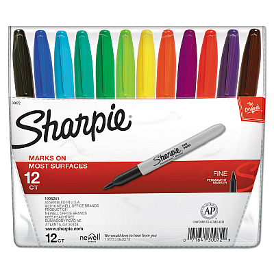 Sharpie Fine Tip Permanent Marker, Fine Bullet Tip, Assorted Colors, 12/Set (30072)