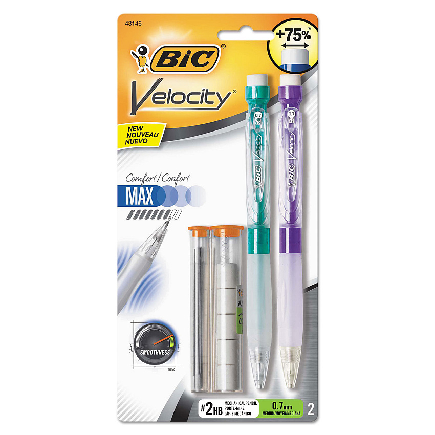 BIC Velocity Max Pencil, 0.7 mm, HB (#2.5), Black Lead, Assorted Barrel Colors, 2/Pack (MPMX7P21BK)