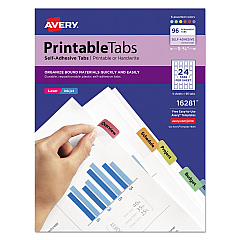 Avery Printable Plastic Tabs with Repositionable Adhesive, 1/5-Cut Tabs, Assorted Colors, 1.25" Wide, 96/Pack (16281)