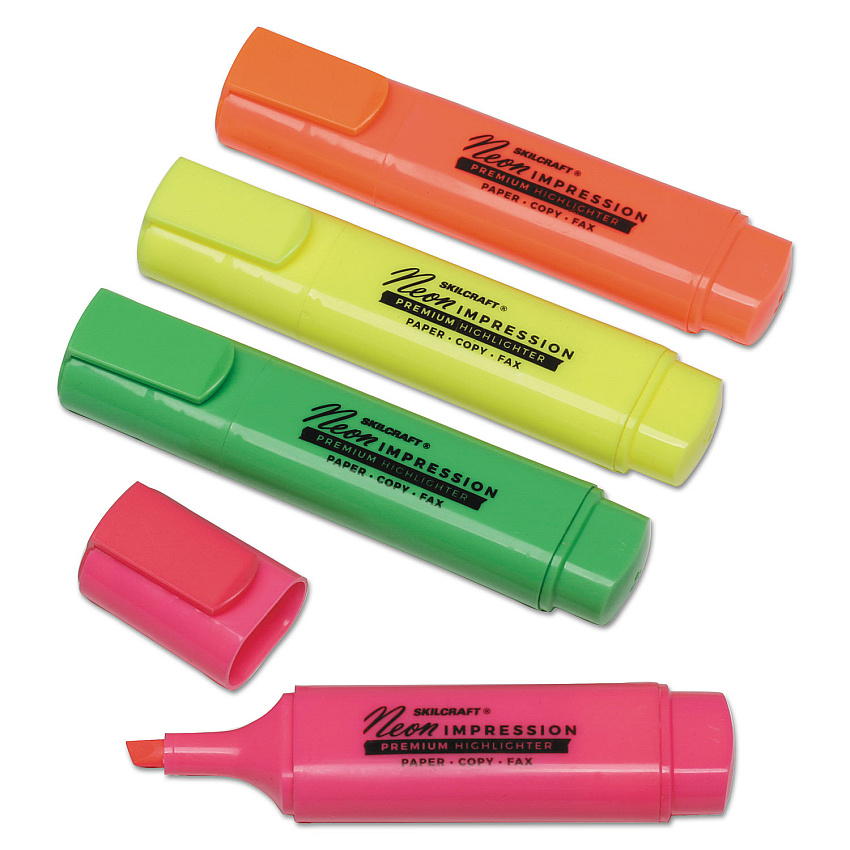 AbilityOne 7520012381728 SKILCRAFT Flat Fluorescent Highlighter, Assorted Ink Colors, Chisel Tip, Assorted Barrel Colors, 4/Set