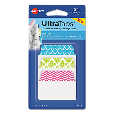 Avery Ultra Tabs Repositionable Standard Tabs, 1/5-Cut Tabs, Assorted Patterns, 2" Wide, 24/Pack (74774)