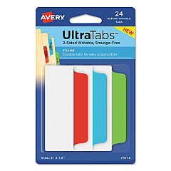 Avery Ultra Tabs Repositionable Wide Tabs, 1/3-Cut Tabs, Assorted Primary Colors, 3" Wide, 24/Pack (74775)