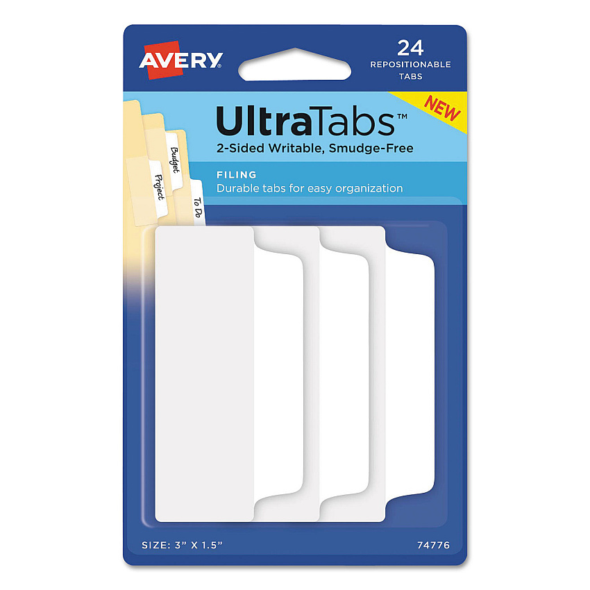 Avery Ultra Tabs Repositionable Wide Tabs, 1/3-Cut Tabs, White, 3" Wide, 24/Pack (74776)