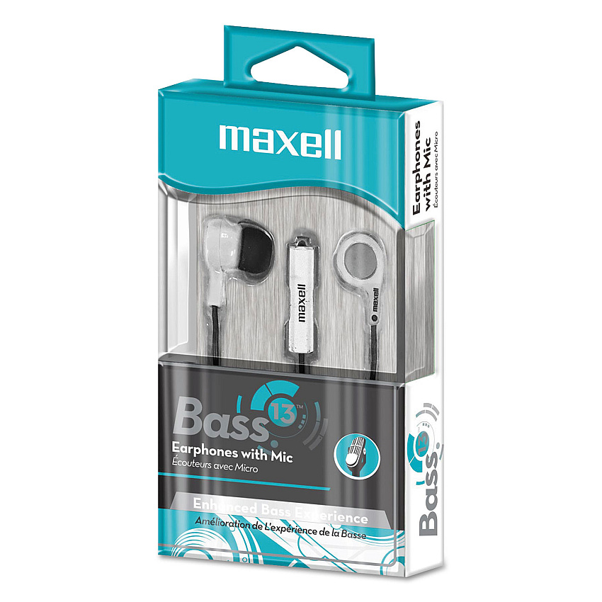 Maxell B-13 Bass Earbuds with Microphone, White, 52" Cord (199725)