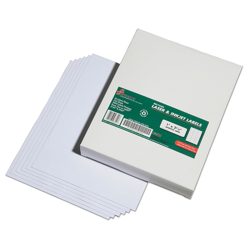 AbilityOne 7530015789290 SKILCRAFT Recycled Laser and Inkjet Labels, Inkjet/Laser Printers, 1 x 2.63, White, 30/Sheet, 250 Sheets/Box