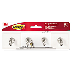 Command Decorative Key Rail, 8w x 1 1/2d x 2 1/8h White/Silver, 4 Hooks/Pack (HOM18QES)