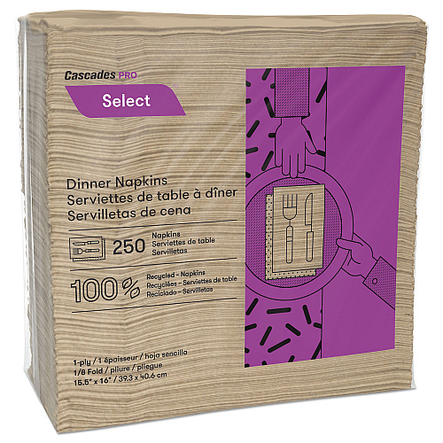 Cascades PRO Select Dinner Napkins, 1-Ply, 16 x 15.5, Natural, 250/Pack, 12 Packs/Carton (N055)
