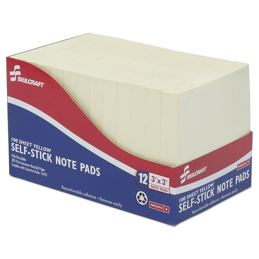 AbilityOne 7530011167867 SKILCRAFT Self-Stick Note Pad, 3" x 3", Yellow, 100 Sheets/Pad, 12 Pads/Pack