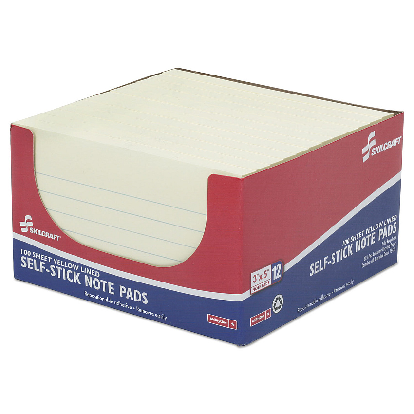 AbilityOne 7530013464849 SKILCRAFT Self-Stick Note Pad, Note Ruled, 3" x 5", Yellow, 100 Sheets/Pad, 12 Pads/Pack