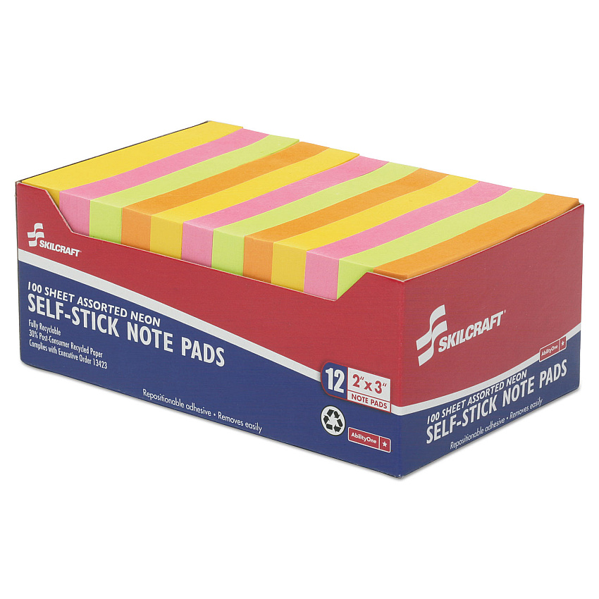 AbilityOne 7530013930103 SKILCRAFT Self-Stick Note Pads, 2" x 3", Assorted Neon Colors, 100 Sheets/Pad, 12 Pads/Pack