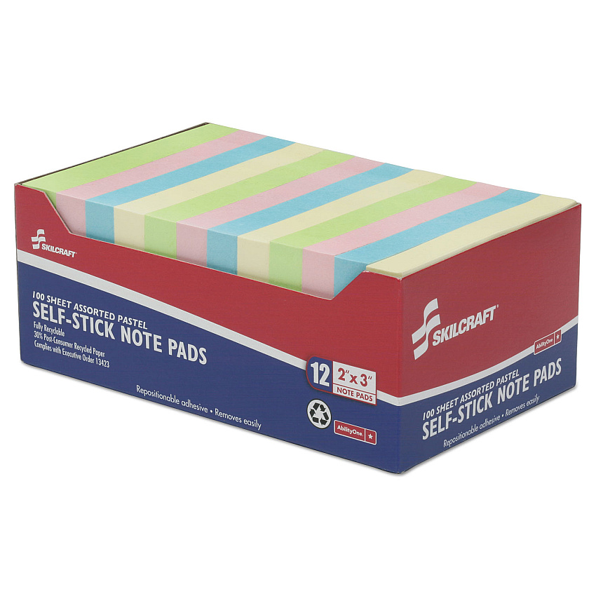 AbilityOne 7530013982660 SKILCRAFT Self-Stick Note Pad Set, 2" x 3", Assorted Colors, 100 Sheets/Pad, 12 Pads/Pack