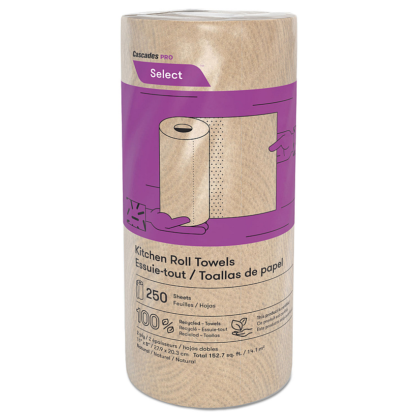 Cascades PRO Select Kitchen Roll Towels, 2-Ply, 11" x 166.6 ft, Natural, 250/Roll, 12/Carton (K251)