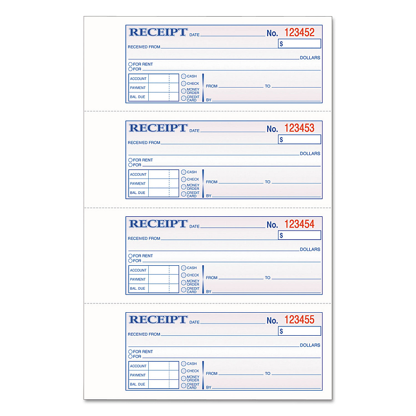 Adams TOPS 3-Part Hardbound Receipt Book, Three-Part Carbonless, 7 x 2.75, 4/Page, 200 Forms (TCH1185)