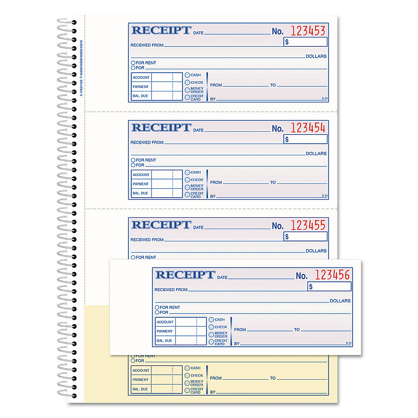 Adams TOPS Money/Rent Receipt Book, 7.13 x 2.75, Two-Part Carbon, 4/Page, 200 Forms (SC1182)