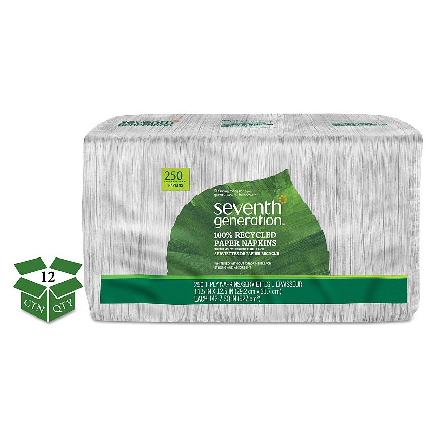 Seventh Generation 100% Recycled Napkins, 1-Ply, 11 1/2 x 12 1/2, White, 250/Pack, 12 Packs/Carton (13713CT)