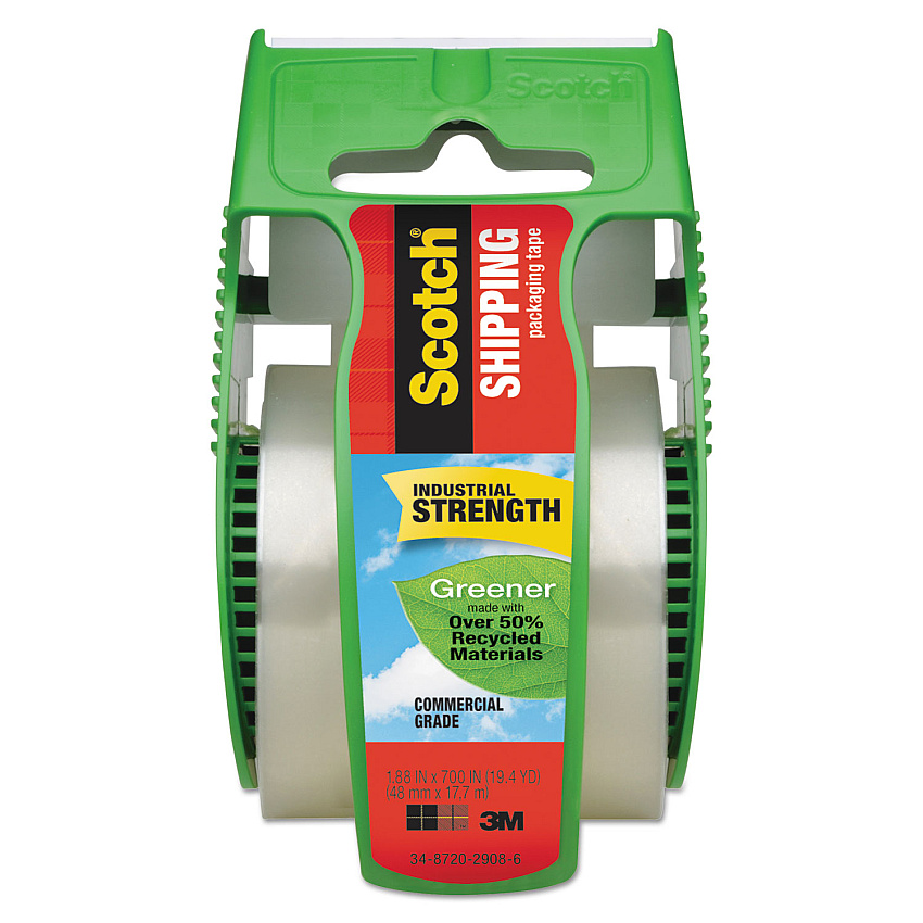 Scotch Greener Commercial Grade Packaging Tape with Dispenser, 1.5" Core, 1.88" x 58.33 ft, Clear (175G)