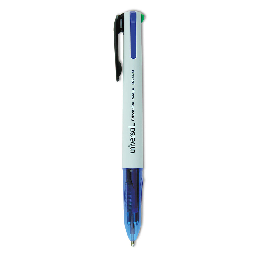 Universal 4-Color Multi-Color Ballpoint Pen, Retractable, Medium 1 mm, Black/Blue/Green/Red Ink, White/Translucent Blue Barrel, 3/Pack (UNV44444)