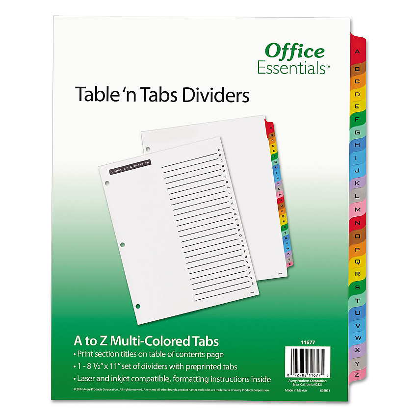 Office Essentials Table 'n Tabs Dividers, 26-Tab, A to Z, 11 x 8.5, White, 1 Set (11677)