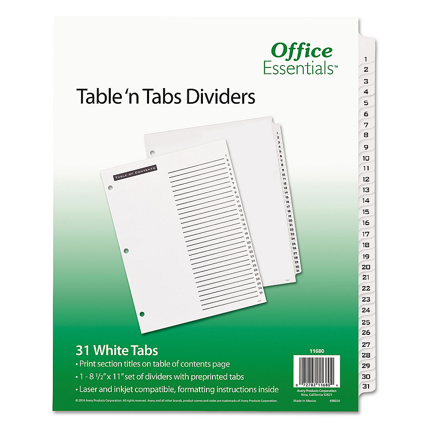 Office Essentials Table 'n Tabs Dividers, 31-Tab, 1 to 31, 11 x 8.5, White, 1 Set (11680)