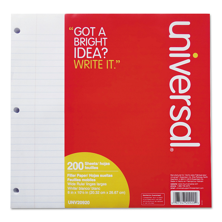Universal Filler Paper, 3-Hole, 8 x 10.5, Wide/Legal Rule, 200/Pack (UNV20920)