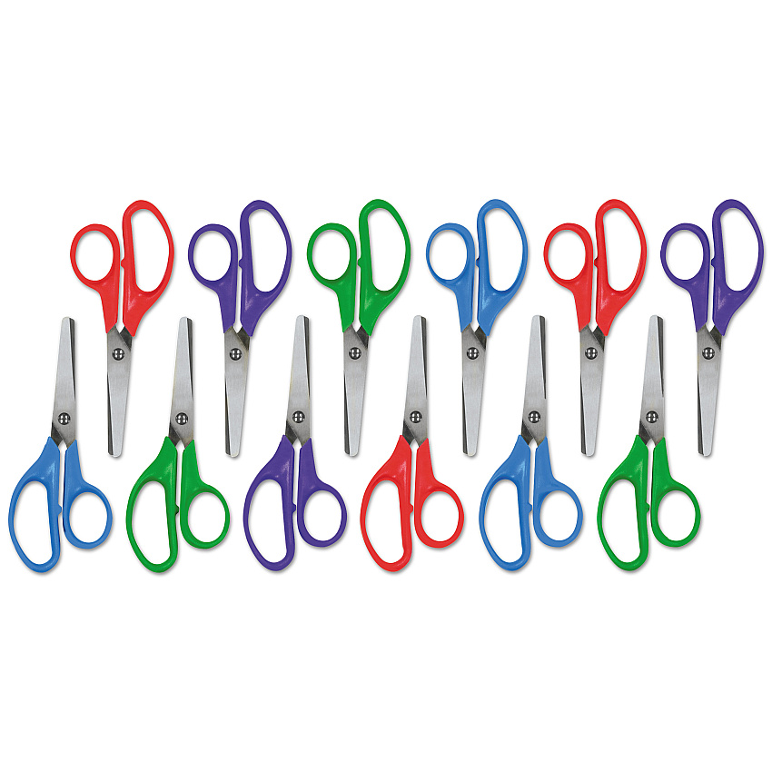 Universal Kids' Scissors, Rounded Tip, 5" Long, 1.75" Cut Length, Assorted Straight Handles, 12/Pack (UNV92023)