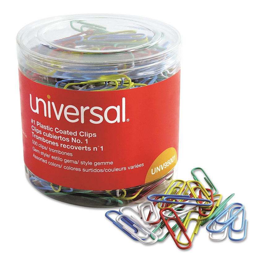 Universal Plastic-Coated Paper Clips, Small (No. 1), Assorted Colors, 500/Pack (UNV95001)