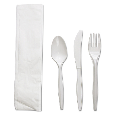 Boardwalk Four-Piece Cutlery Kit, Fork/Knife/Napkin/Teaspoon, White, Polypropylene, 250/Carton (BWKFKTNMWPPWH)