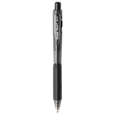 Pentel WOW! Ballpoint Pen, Retractable, Medium 1 mm, Black Ink, Black Barrel, Dozen (BK440A)