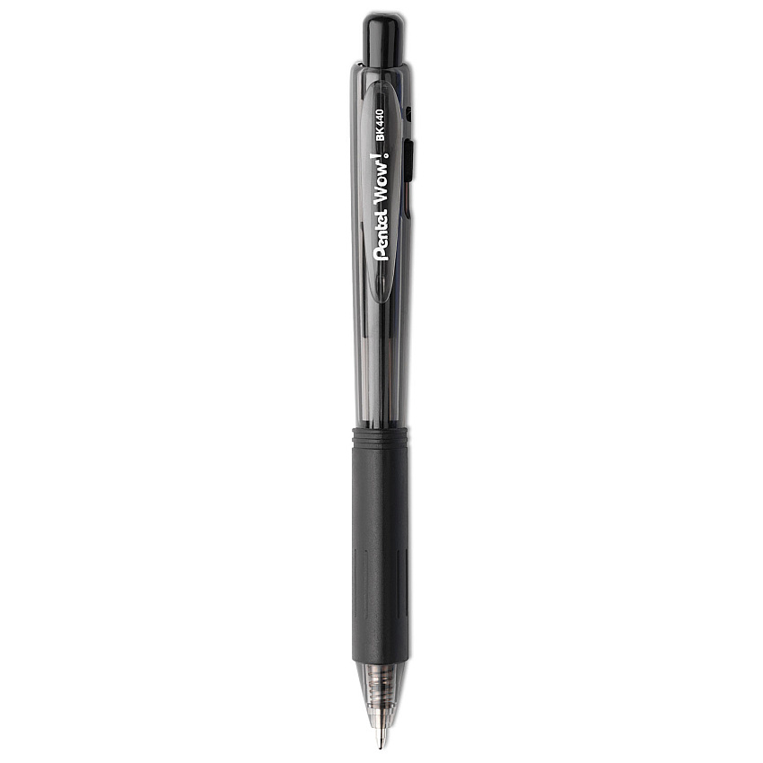 Pentel WOW! Ballpoint Pen, Retractable, Medium 1 mm, Black Ink, Black Barrel, Dozen (BK440A)