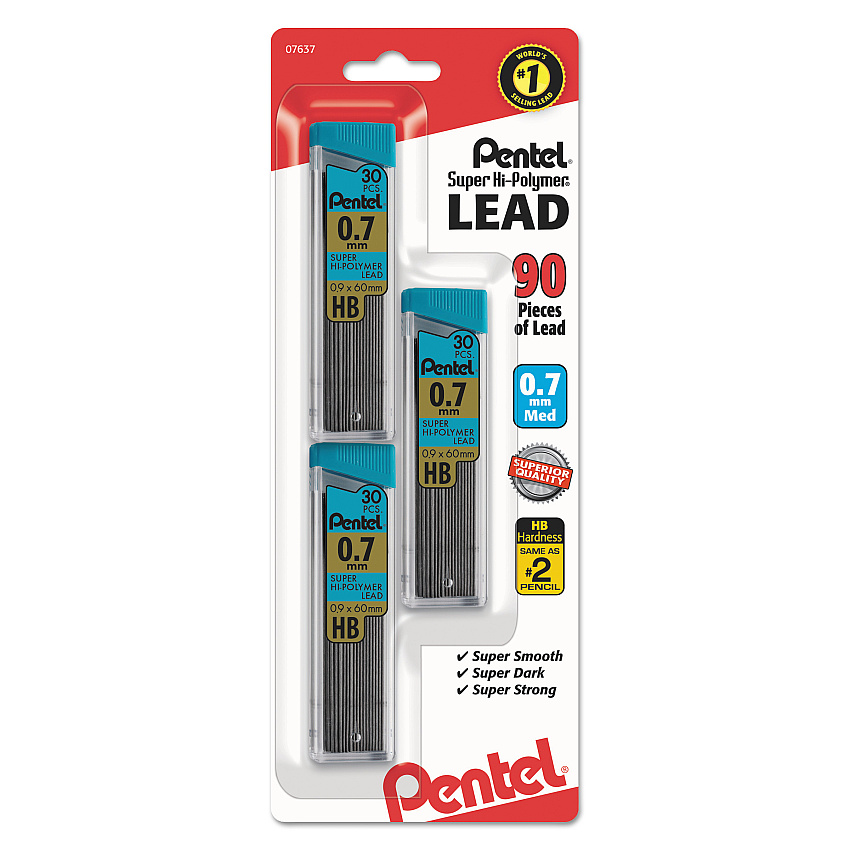 Pentel Super Hi-Polymer Lead Refills, 0.7 mm, HB, Black, 30/Tube, 3 Tubes/Pack (C27BPHB3K6)