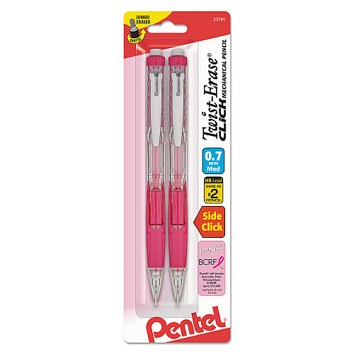 Pentel Twist-Erase CLICK Mechanical Pencil, 0.7 mm, HB (#2.5), Black Lead, Pink Barrel, 2/Pack (PD277TBP2PBC)