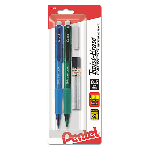 Pentel Twist-Erase EXPRESS Mechanical Pencil Refill Pack, 0.5 mm, HB (#2.5), Black Lead, Assorted Barrel Colors, 2 Pencils (QE415LEBP2)