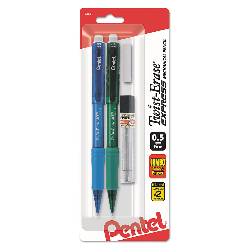Pentel Twist-Erase EXPRESS Mechanical Pencil Refill Pack, 0.5 mm, HB (#2.5), Black Lead, Assorted Barrel Colors, 2 Pencils (QE415LEBP2)
