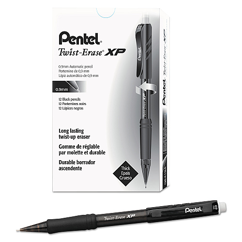 Pentel Twist-Erase EXPRESS Mechanical Pencil, 0.9 mm, HB (#2.5), Black Lead, Black Barrel, Dozen (QE419A)