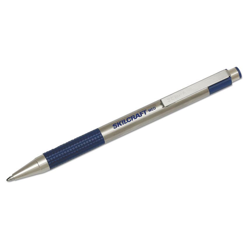AbilityOne 7520016661052 SKILCRAFT Zebra Ballpoint Pen, Retractable, Medium 1 mm, Blue Ink, Stainless Steel Barrel, 2/Pack