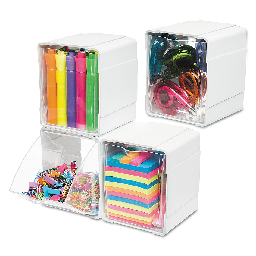 deflecto Tilt Bin Interlocking 4-Bin Organizer, Plastic, 4.63 x 4.88 x 5.5, White/Clear (421103)
