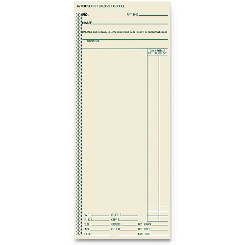 TOPS Time Clock Cards, Replacement for ATR206/C3000/M-154, One Side, 3.38 x 8.25, 500/Box (1261)