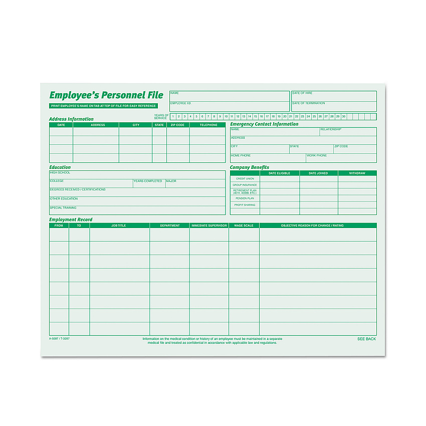 TOPS Employee's Record File Folder, Straight Tabs, Letter Size, Index Stock, Green, 20/Pack (3287)