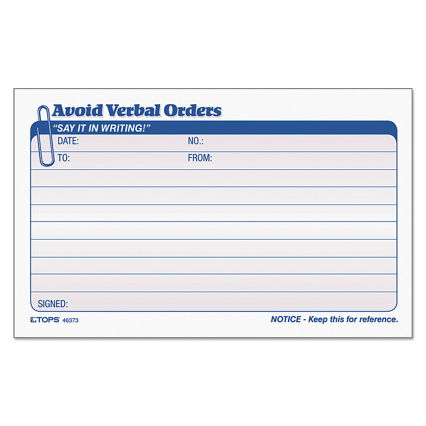 TOPS Avoid Verbal Orders Manifold Book, Two-Part Carbonless, 6.25 x 4.25, 1/Page, 50 Forms (46373)