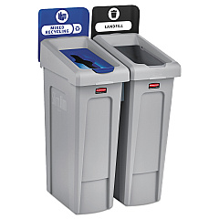 Rubbermaid Commercial Slim Jim Recycling Station Kit, 46 gal, 2-Stream Landfill/Mixed Recycling (2007914)