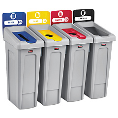 Rubbermaid Commercial Slim Jim Recycling Station Kit, 92 gal, 4-Stream Landfill/Paper/Plastic/Cans (2007919)