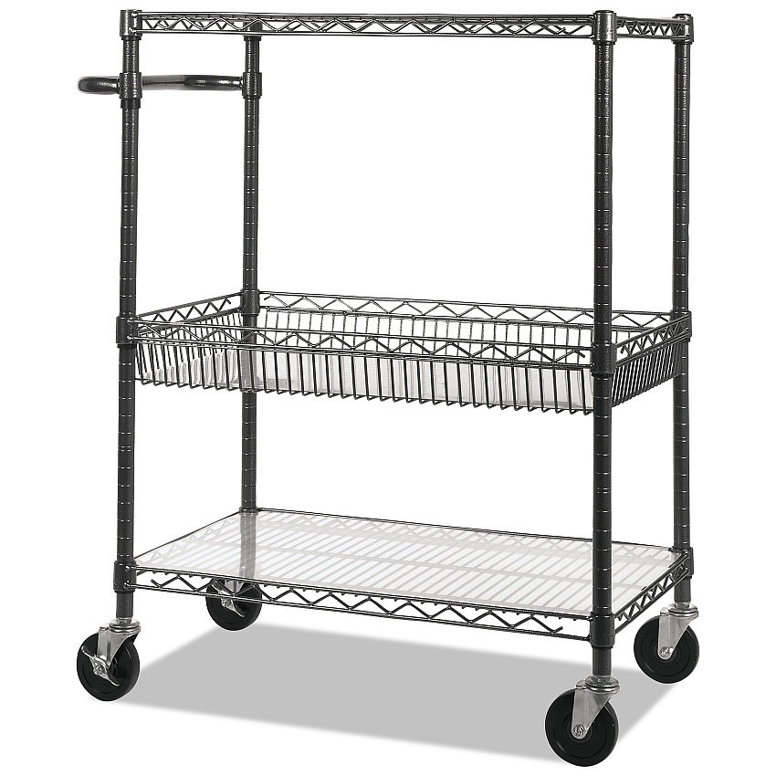 Alera Three-Tier Wire Cart with Basket, 34w x 18d x 40h, Black Anthracite (ALESW543018BA)