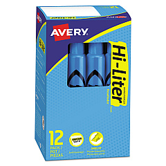 Avery HI-LITER Desk-Style Highlighters, Fluorescent Blue Ink, Chisel Tip, Blue/Black Barrel, Dozen (24016)