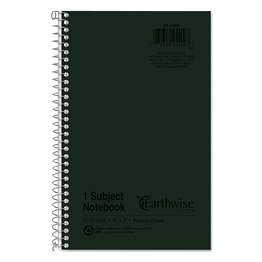 Earthwise by Oxford Recycled One-Subject Notebook, Narrow Rule, Green Cover, 8 x 5, 80 Sheets (25400)