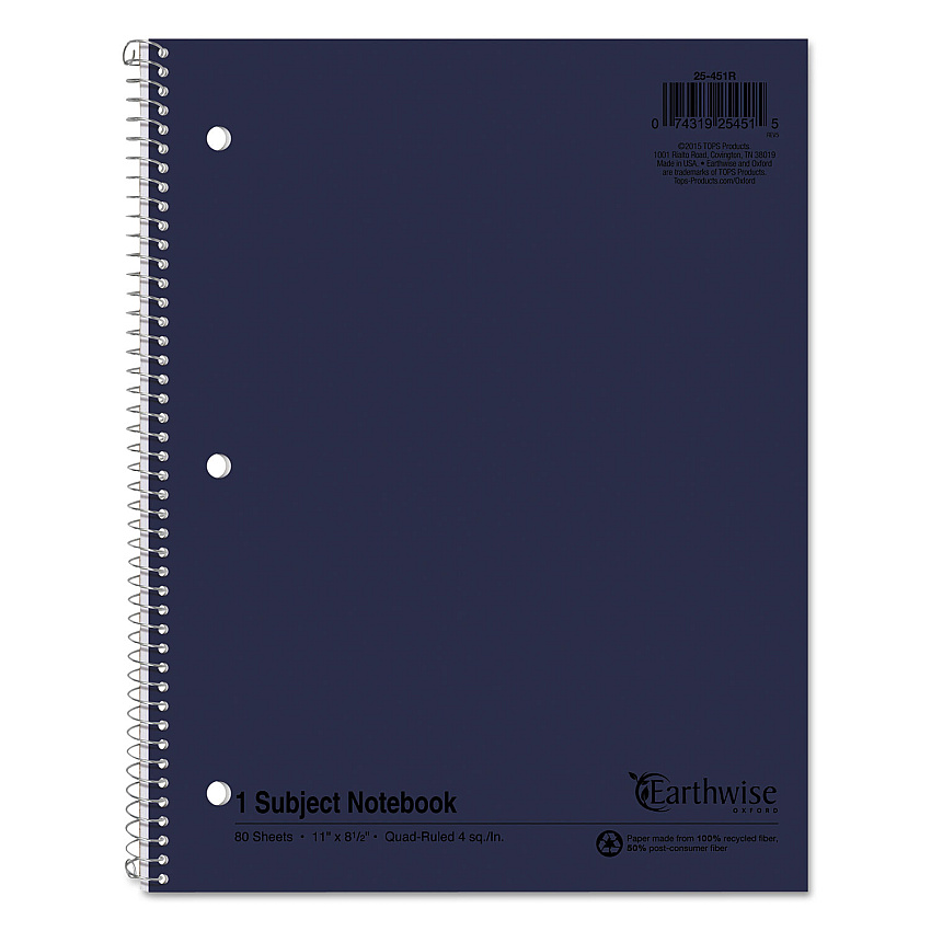 Earthwise by Oxford Recycled Single Subject Notebook, Quadrille Rule/Unruled, Randomly Assorted Covers, 11 x 8.5, 80 Sheets (25451)
