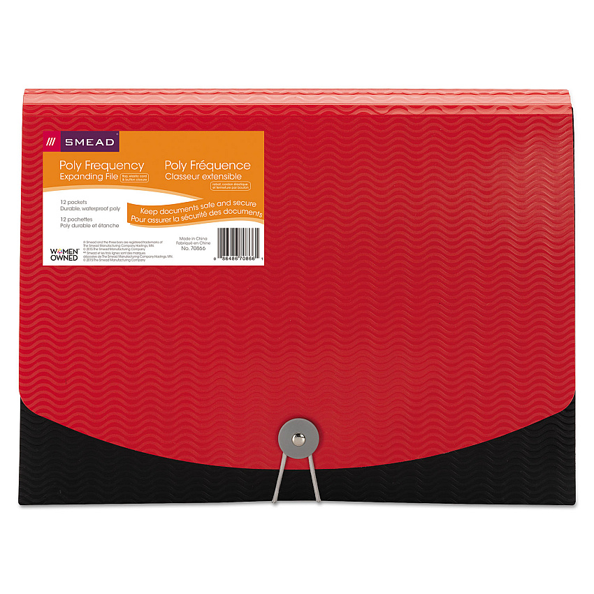 Smead 12-Pocket Poly Expanding File, 0.88" Expansion, 12 Sections, Cord/Hook Closure, 1/6-Cut Tabs, Letter Size, Black/Red (70866)