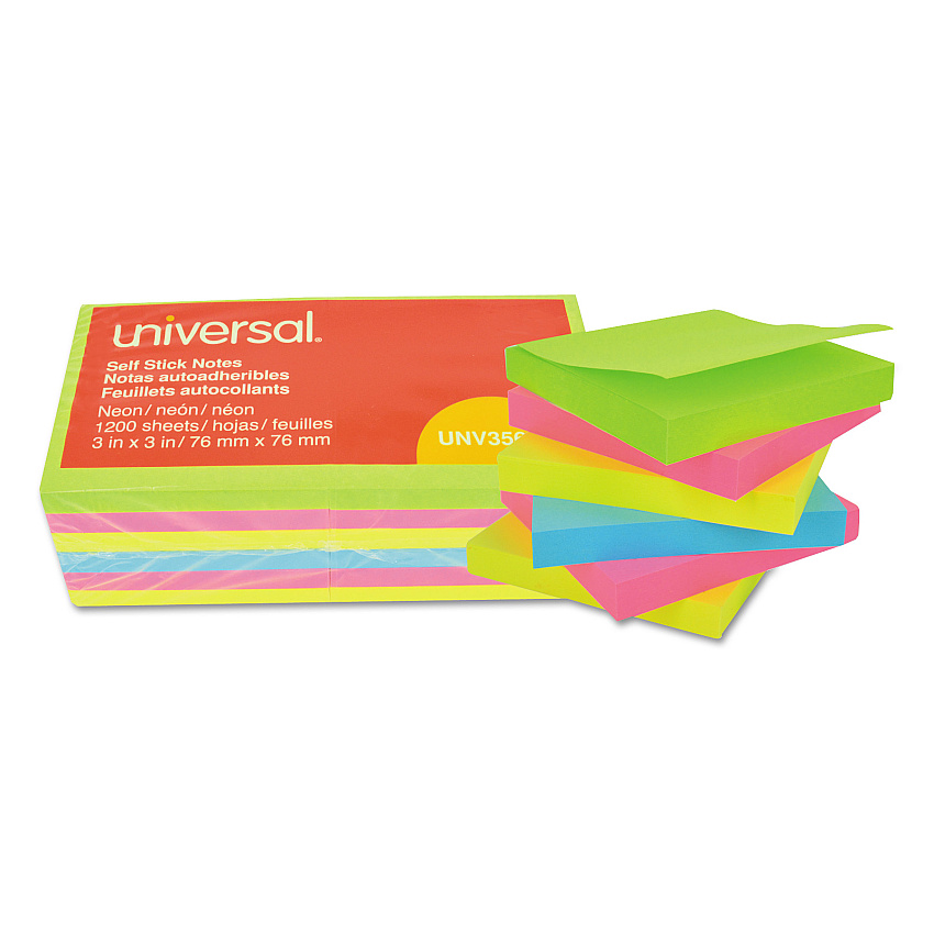 Universal Self-Stick Note Pads, 3" x 3", Assorted Neon Colors, 100 Sheets/Pad, 12 Pads/Pack (UNV35612)