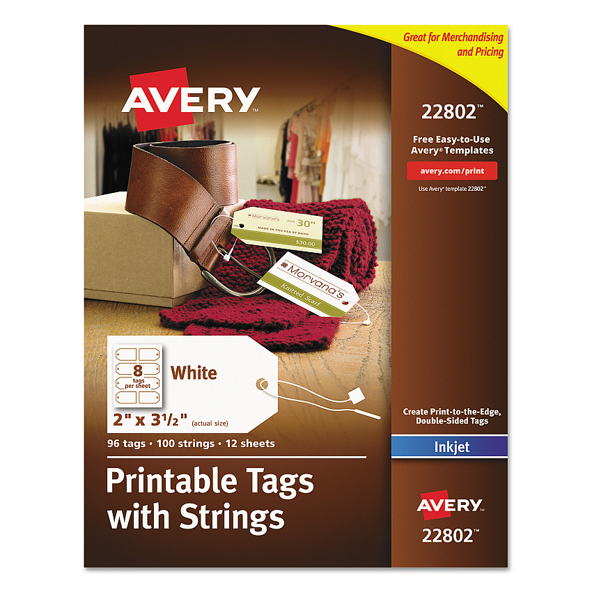 Avery Printable Rectangular Tags with Strings, 2 x 3 1/2, Matte White, 96/Pack (22802)
