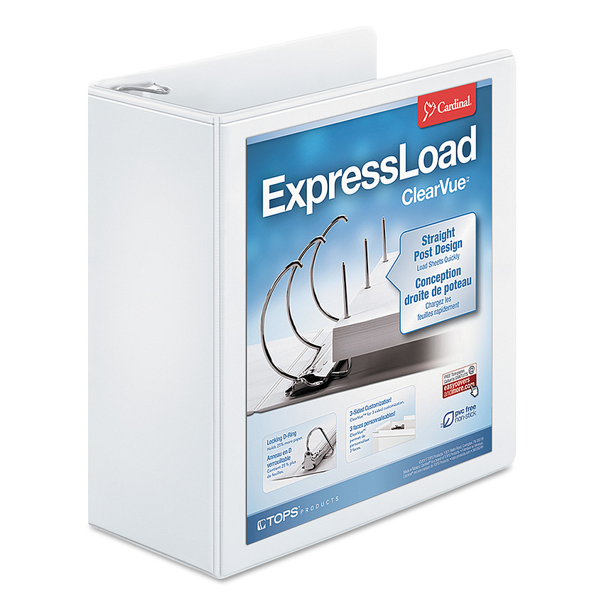 Cardinal ExpressLoad ClearVue Locking D-Ring Binder, 3 Rings, 4" Capacity, 11 x 8.5, White (49140)