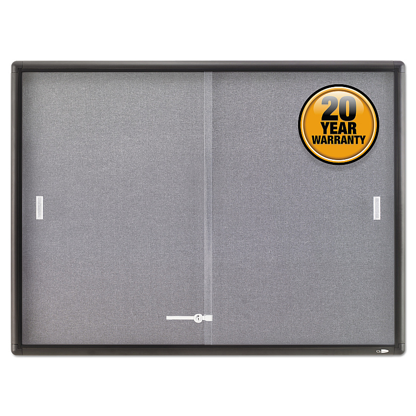 Quartet Enclosed Bulletin Board, Fabric/Cork/Glass, 48 x 36, Gray, Aluminum Frame (2364S)